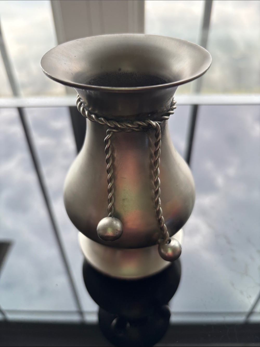 Brushed Silver Decorative Vase with Rope-Tie Accent